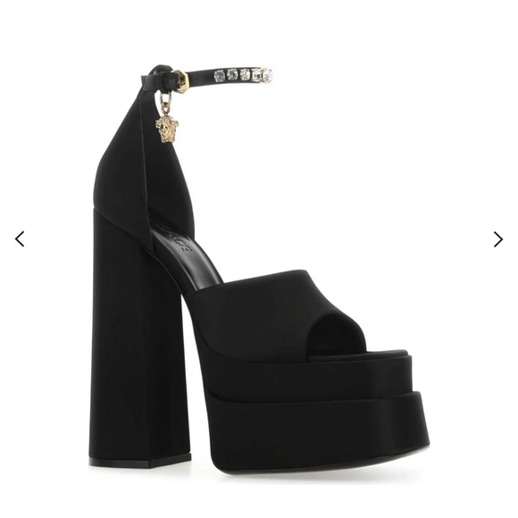 Versace Aevitas Black Satin Platform Sandals Peep Toe 38.5 - Picture 1 of 5